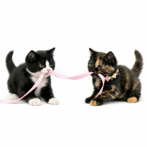 two kittens playing with a ribbon 